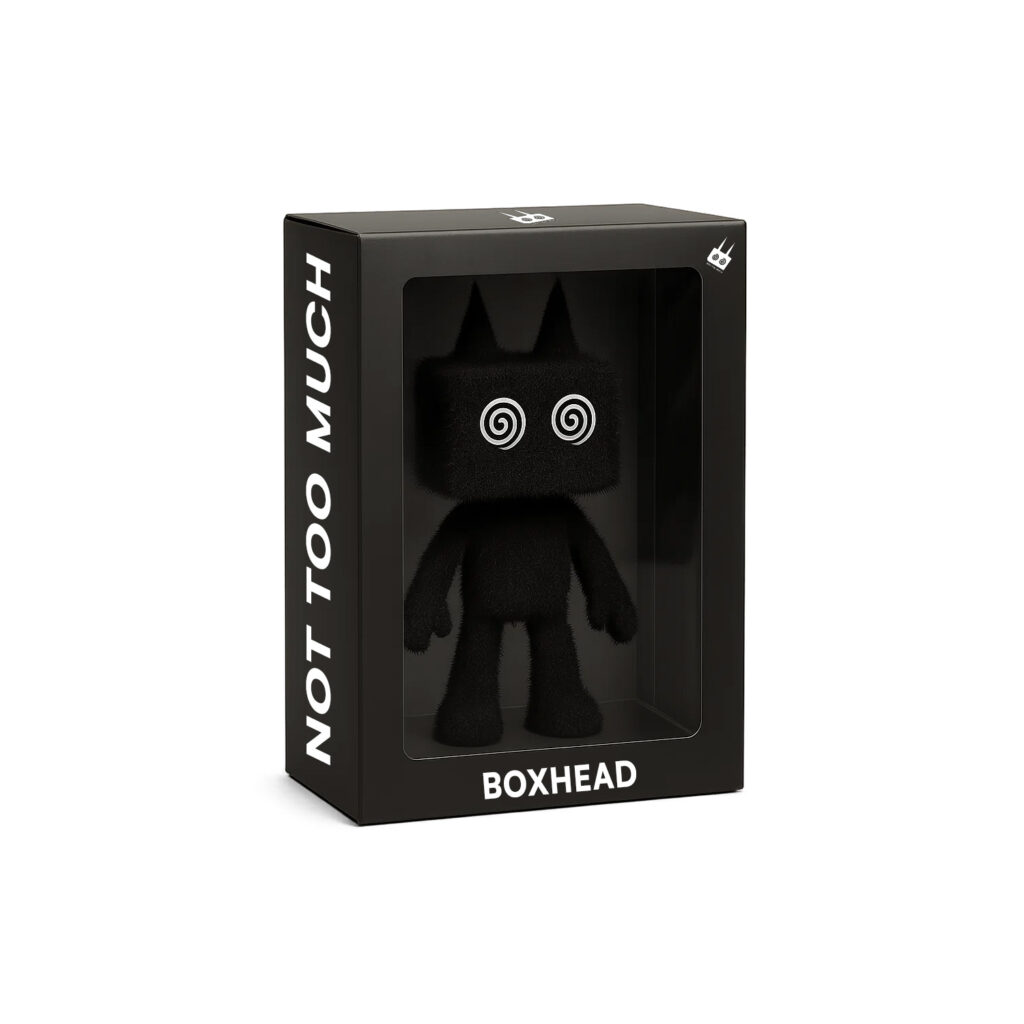 Mockup packaging jouet Boxhead – déclinaison créative NOT TOO MUCH par Noa Durez
